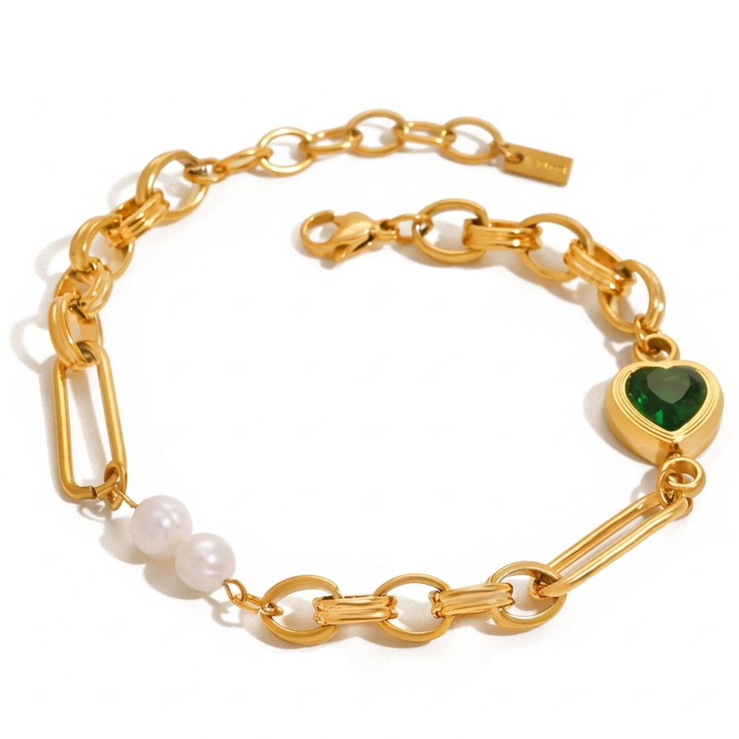 18K Gold Emerald Heart Pearl Beads Chunky Chain Bracelet & Necklace Set