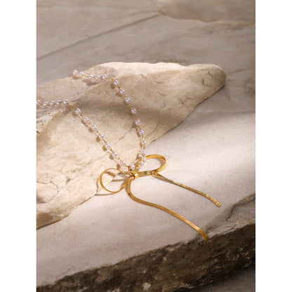 18K Gold Ribbon Bow Pearl Chain Pendant Necklace