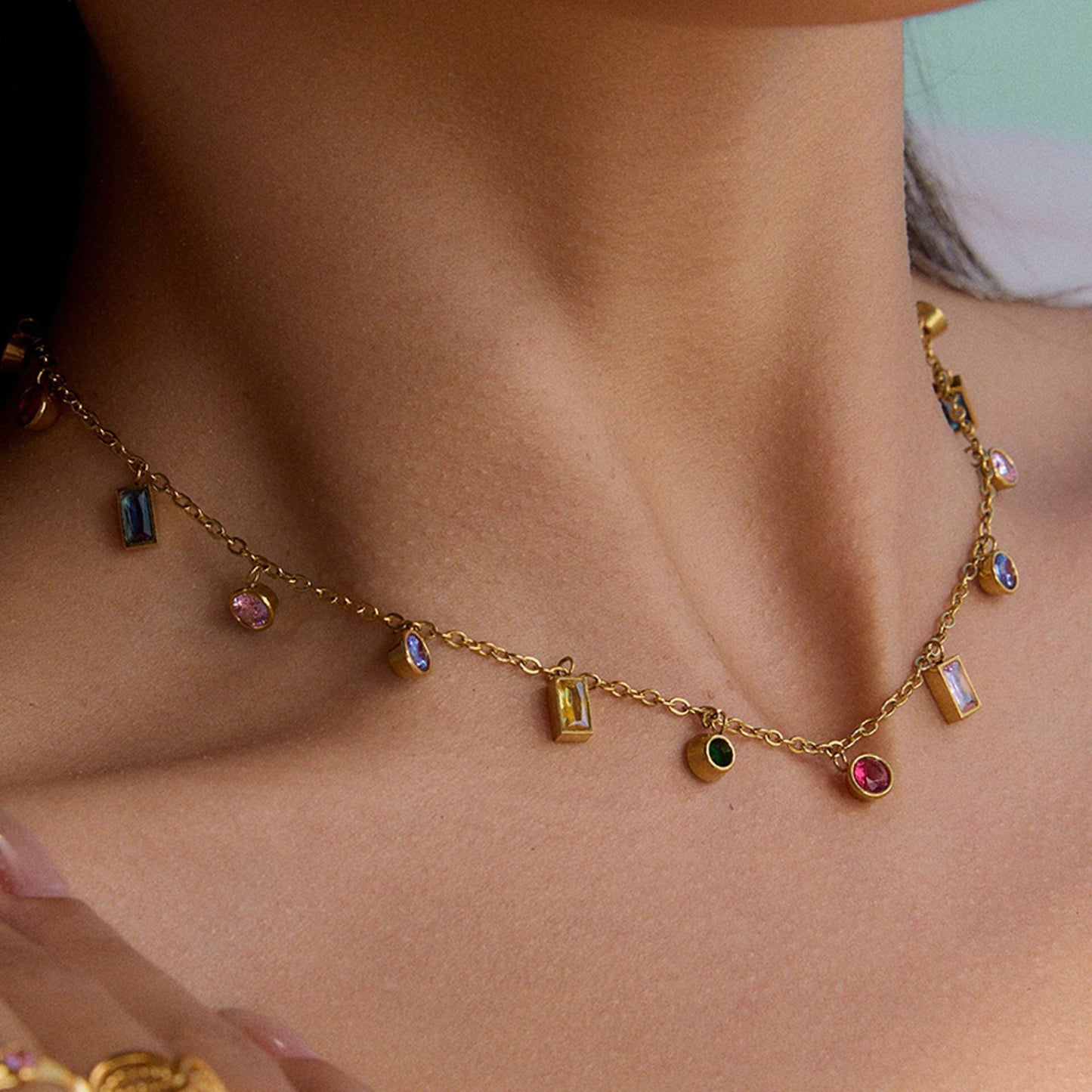 18K Gold Fairy Color Gemstone Dainty Chain Necklace