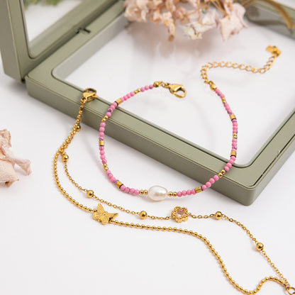 18K Gold Pink Princess Clean Girl Star Bow Heart Dainty Chain Bracelet Stack