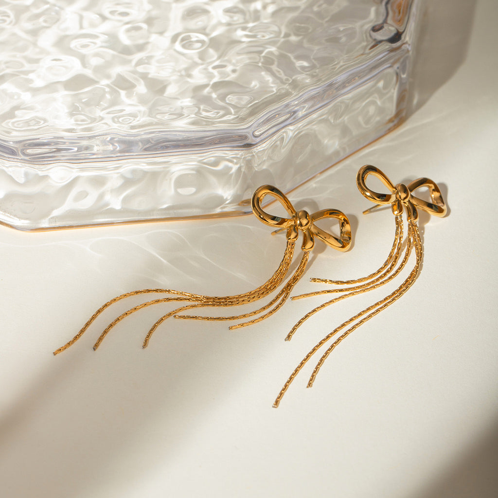 18K Gold Coquette Bow Dangle Drop Earrings