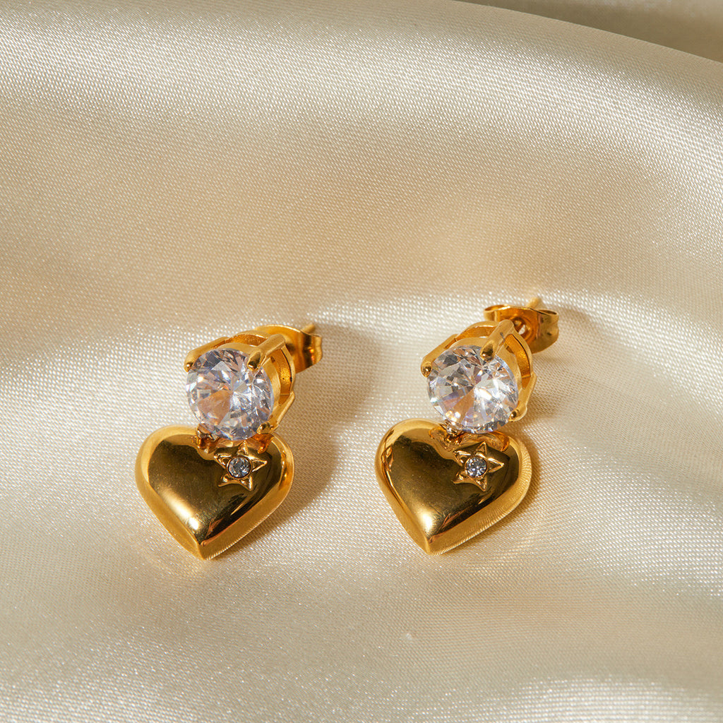 18K Gold Flirting Heart Drop Dangle CZ Earrings