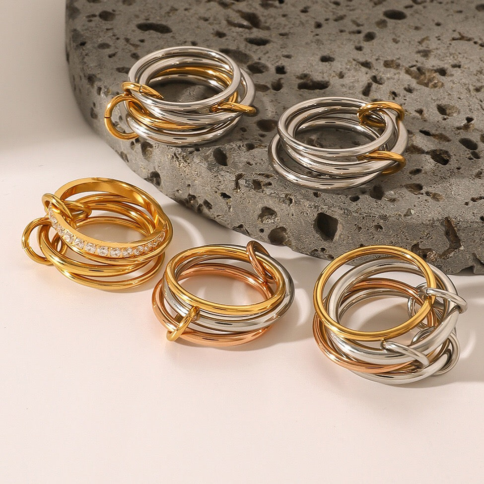18K Gold and Silver Two Tone Connected Multi Layers Spinelli Trinity Stacking Rings