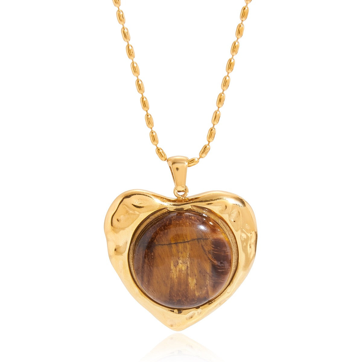 18K Gold Amber Kiss Tiger Eye Gemstone Heart Pendant Necklace