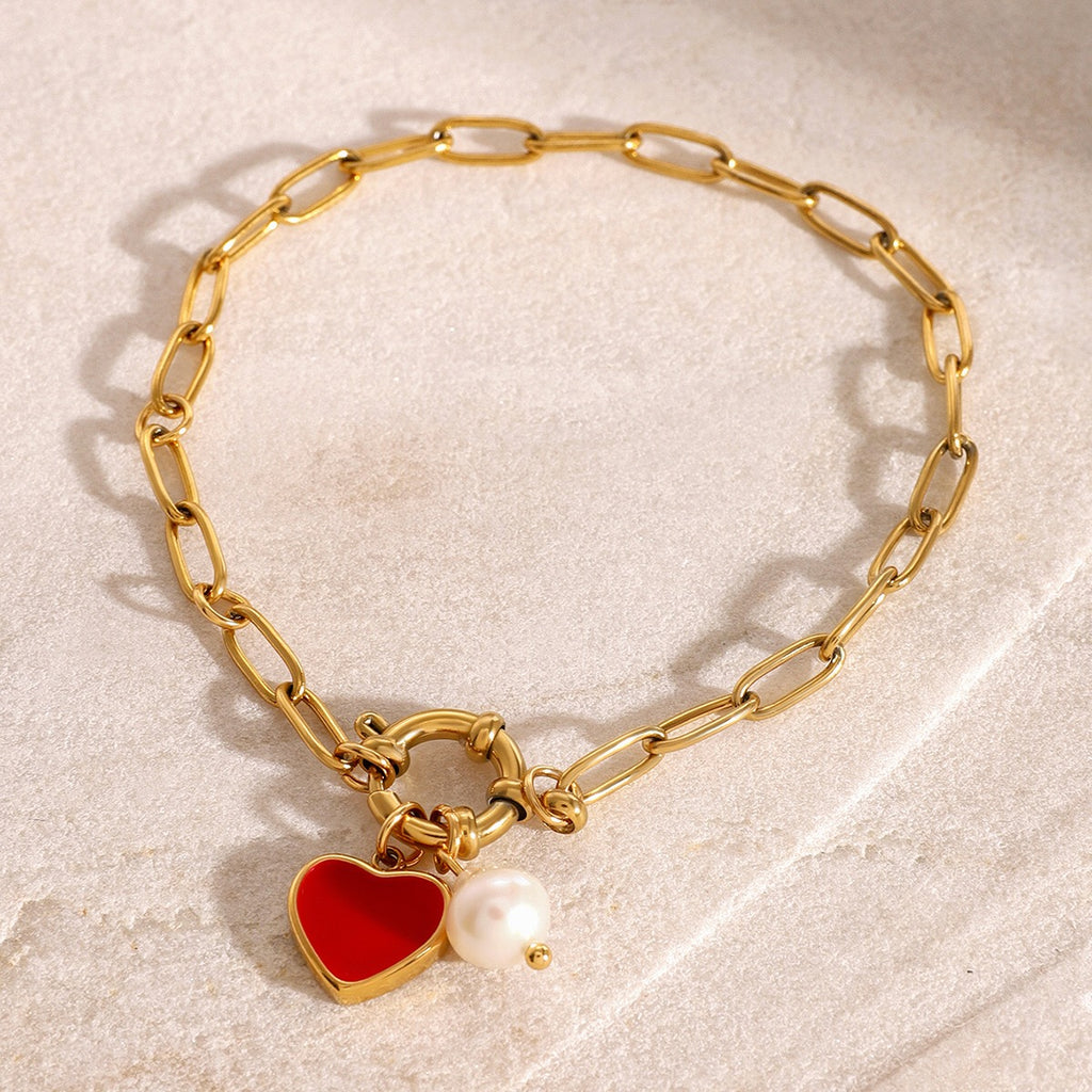 18K Gold Heart Chain Charm Bracelet