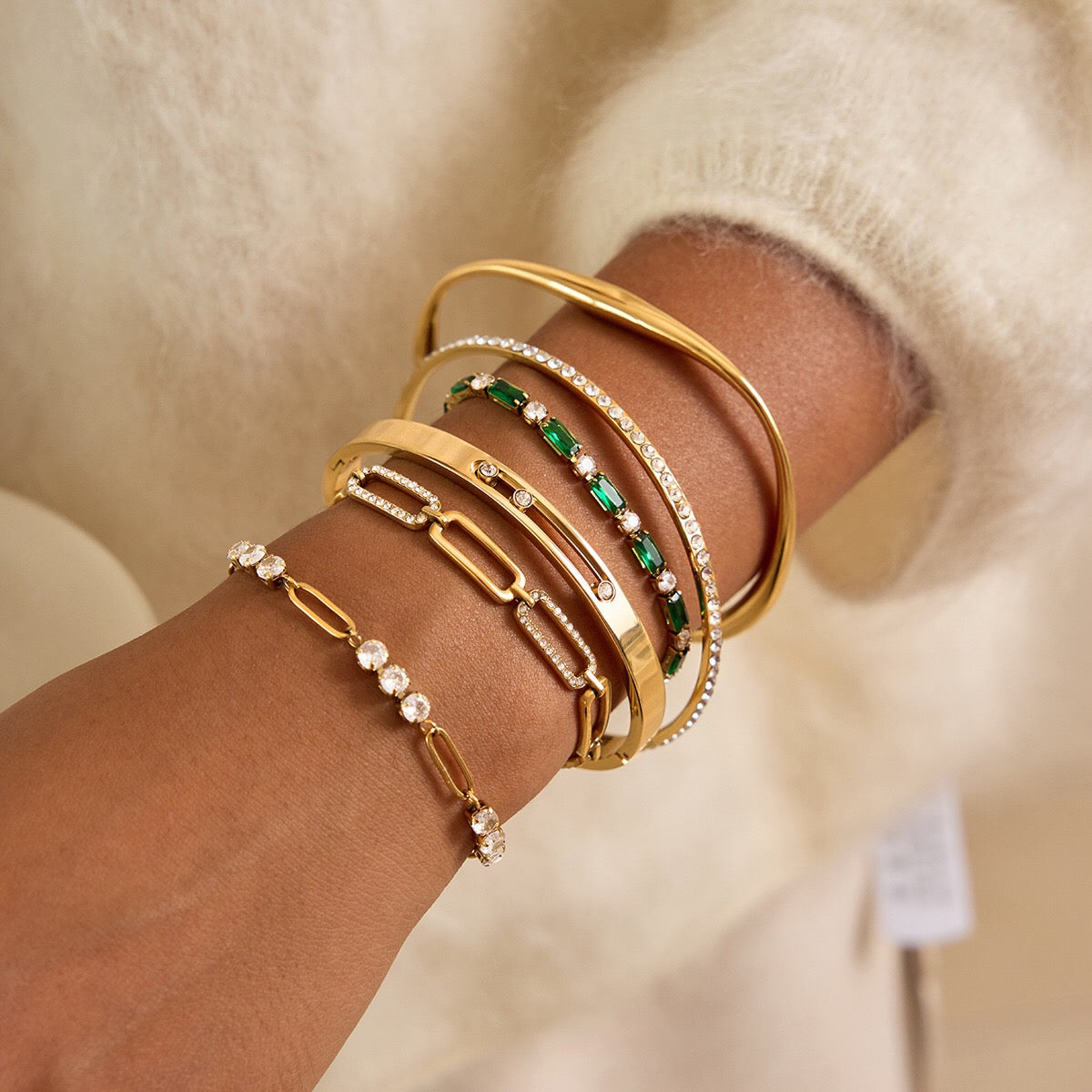 18K Gold Legacy Tennis Paper Clip Chain Emerald Eternity Bangle Bracelet Stack