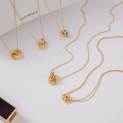 18K Gold Together Two Ring Connected Dainty Pendant Necklace