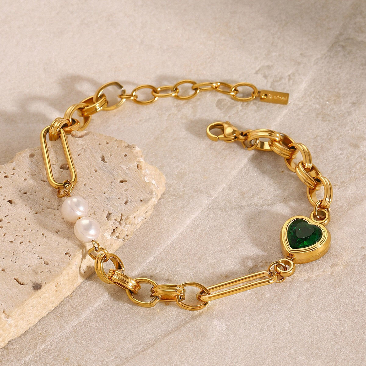 18K Gold Emerald Heart Pearl Beads Chunky Chain Bracelet