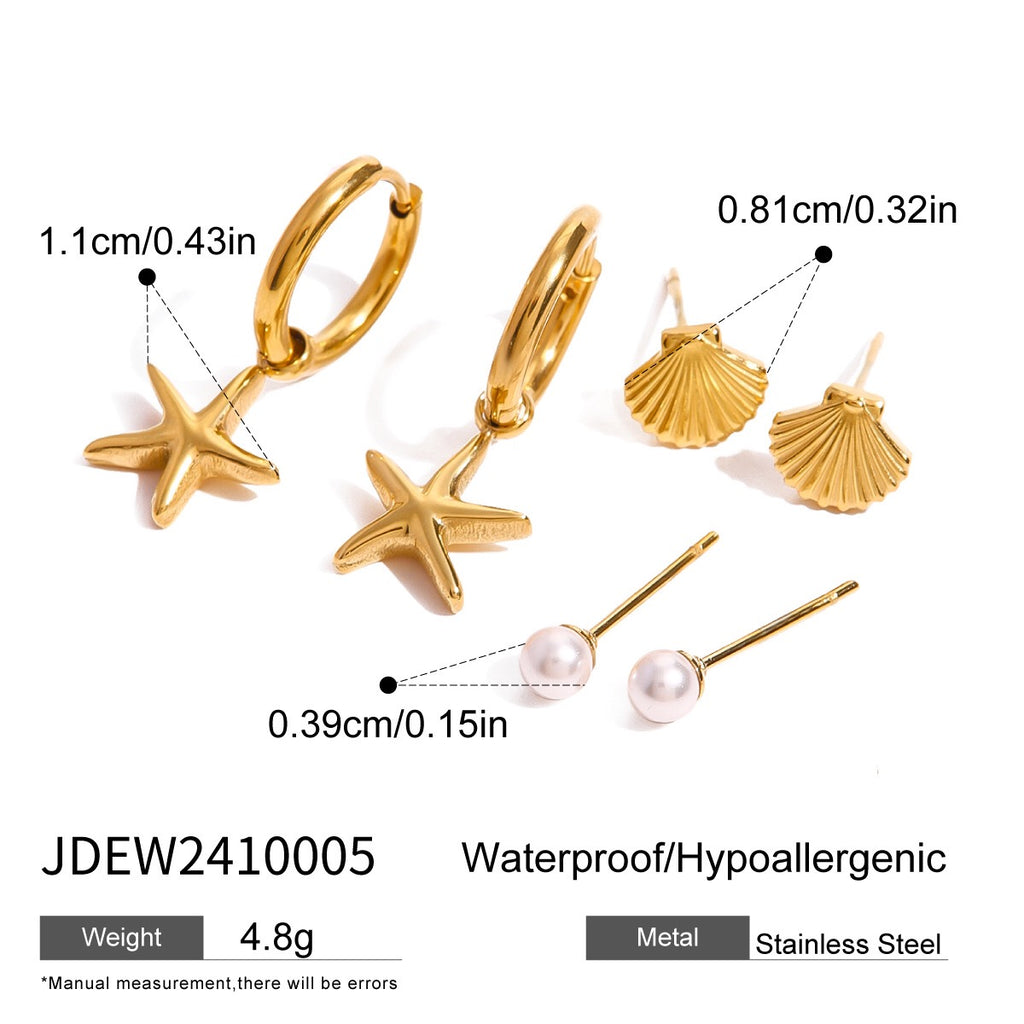 18K Gold Summer Seashell Studs Huggie Earrings Set