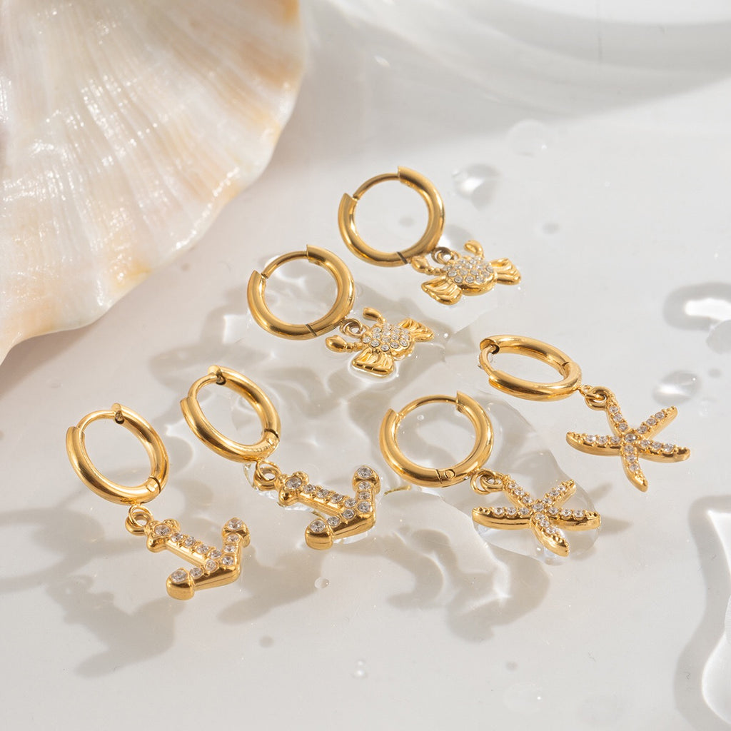 18K Gold Ocean Sparkle Seashell Palm Tree Small Hoop Huggie Earrings with Charm