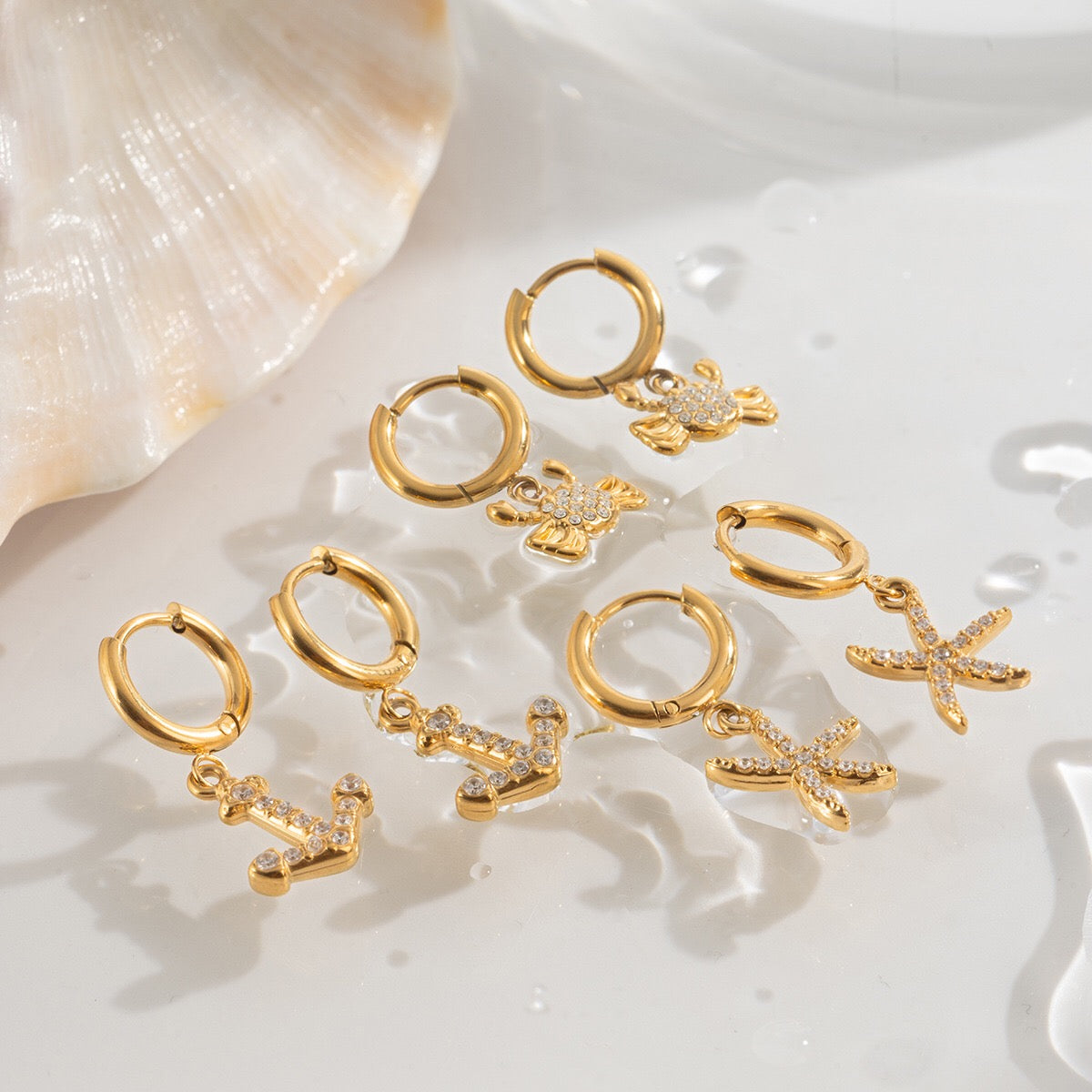 18K Gold Ocean Sparkle Seashell Palm Tree Small Hoop Huggie Earrings with Charm