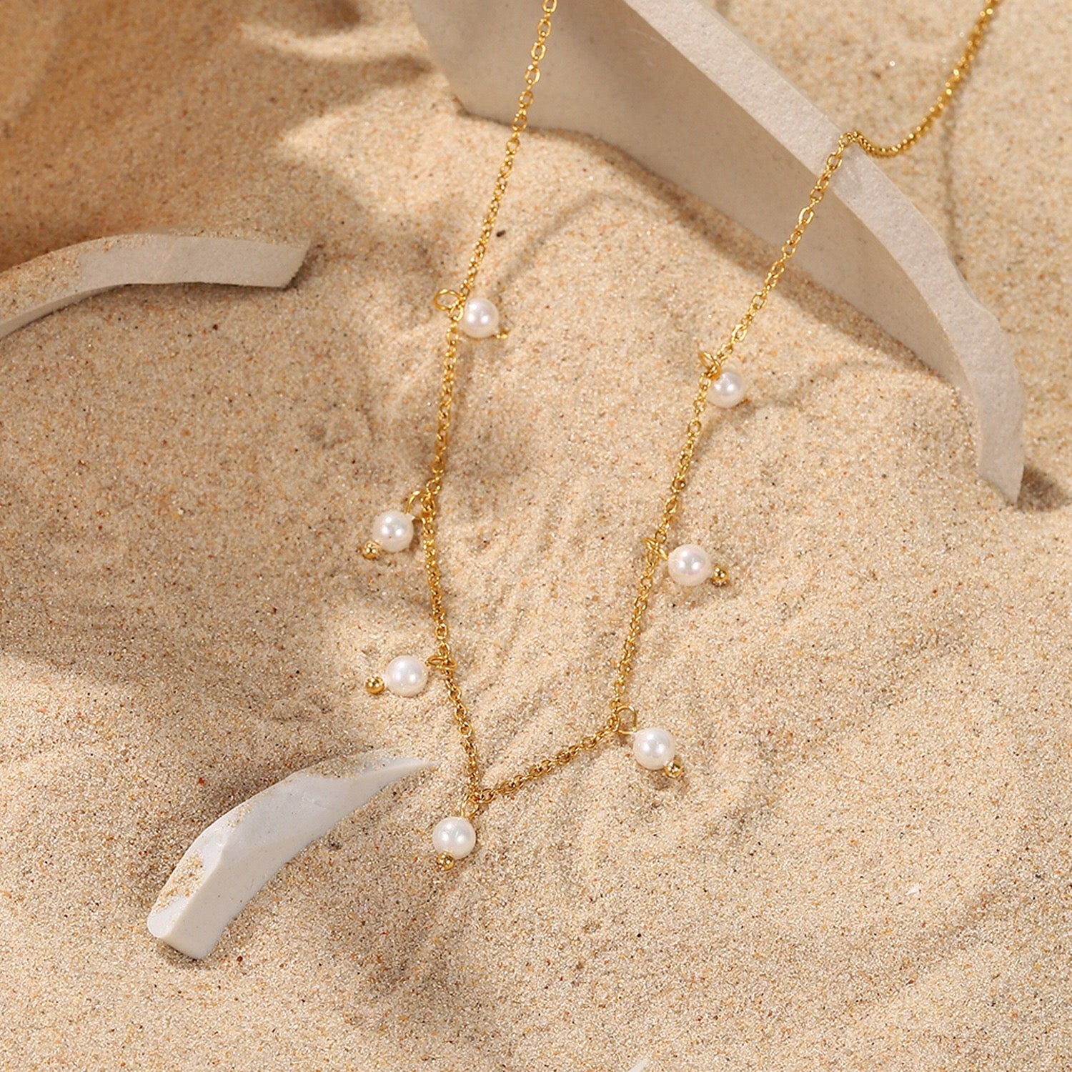 18K Gold Dainty Floating Pearl Chain Necklace