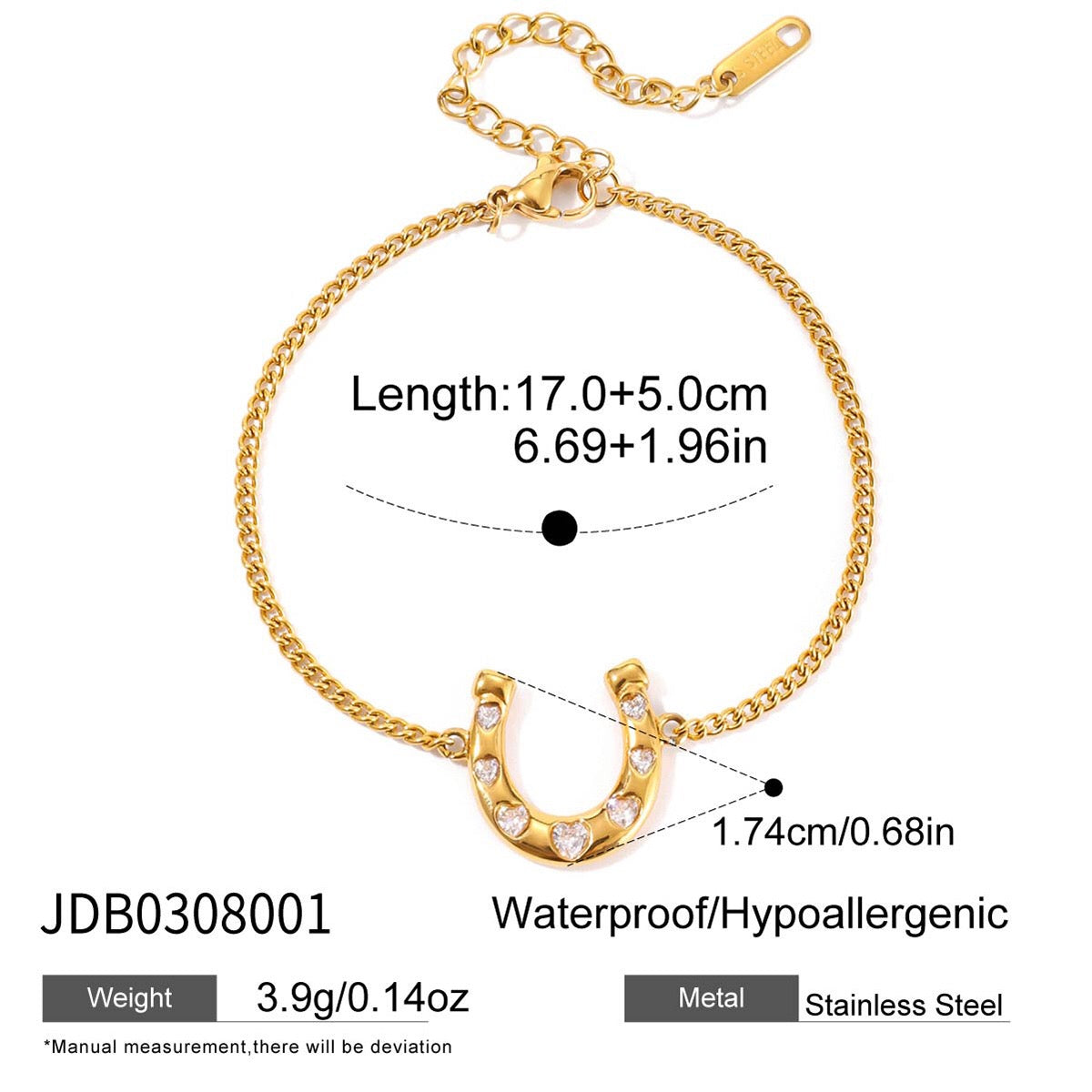 18K Gold Intimate Heart Tennis Horseshoe Chain Bracelet Stack