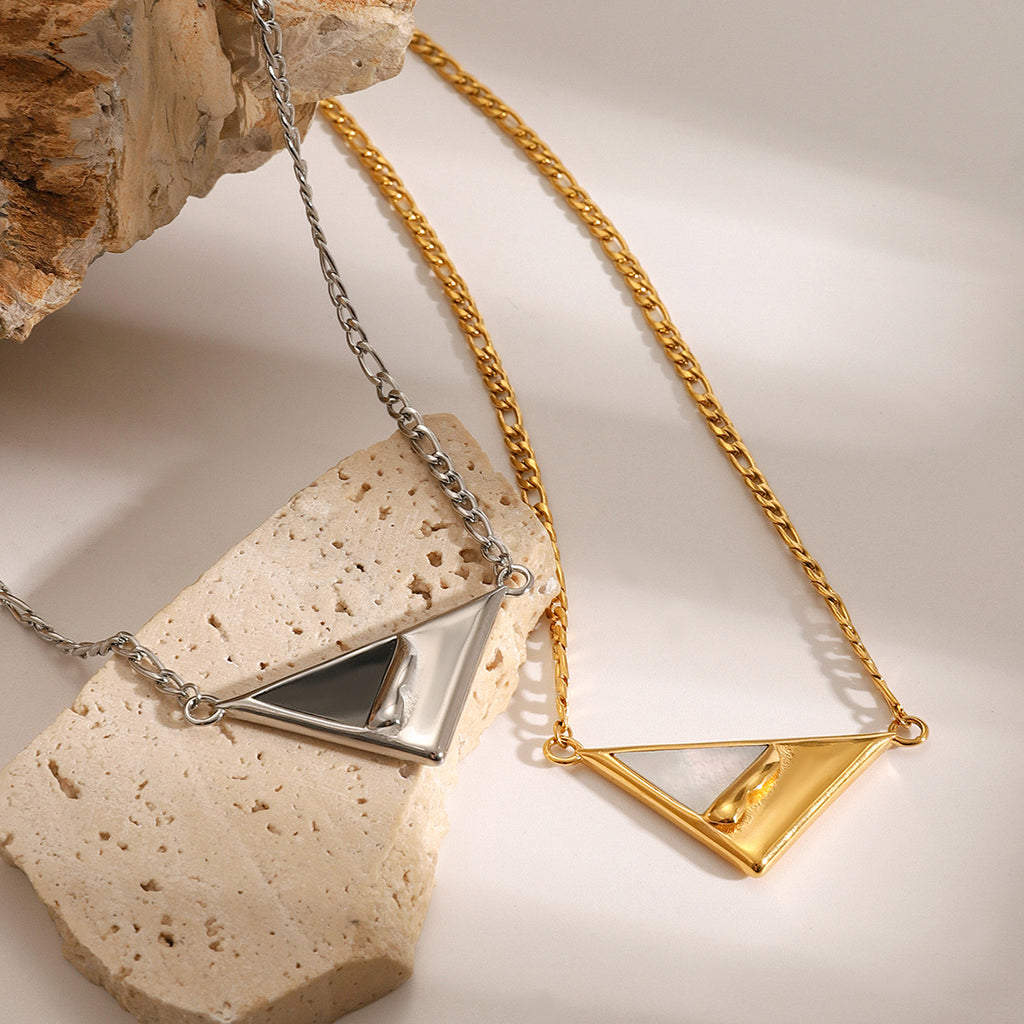 18K Gold Mother of Pearl Triangle Pendant Figaro Chain Necklace