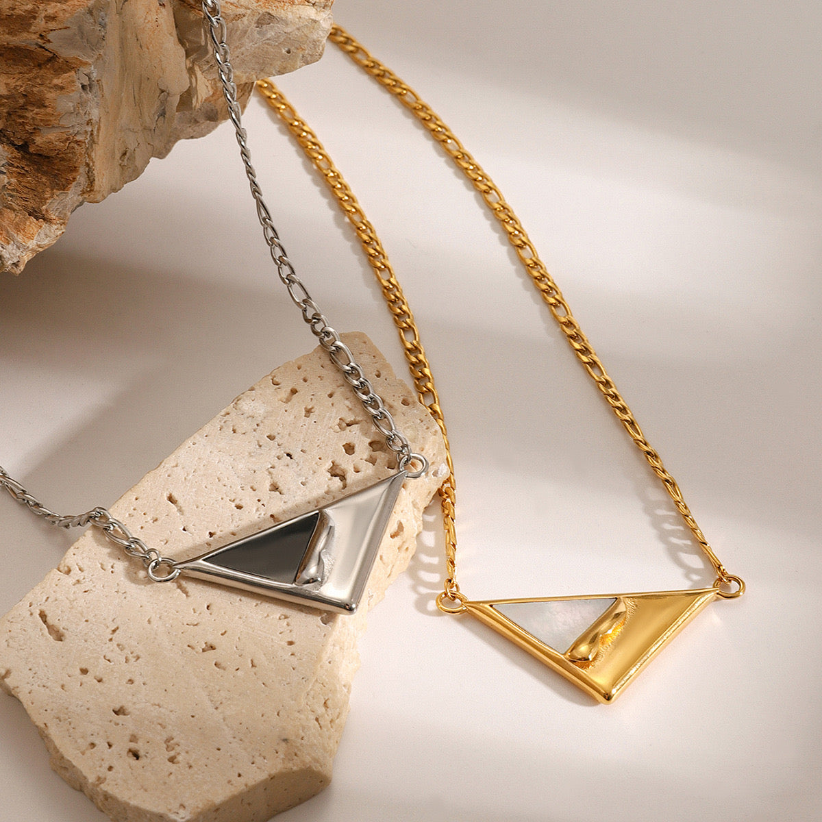 18K Gold Mother of Pearl Triangle Pendant Figaro Chain Necklace