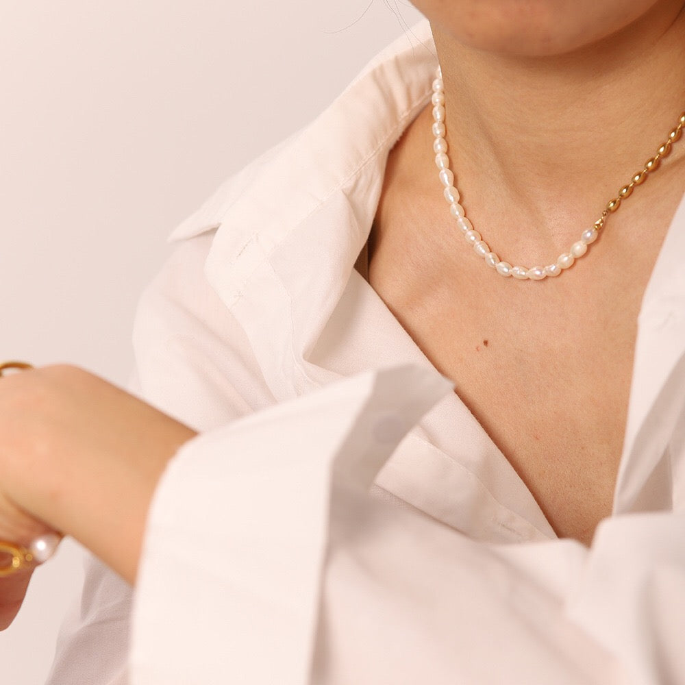 18K Gold Half Pearl Half Ball Chain Beaded Collar Necklace
