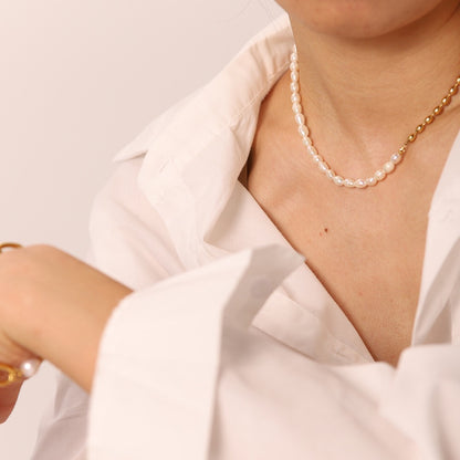 18K Gold Half Pearl Half Ball Chain Beaded Collar Necklace