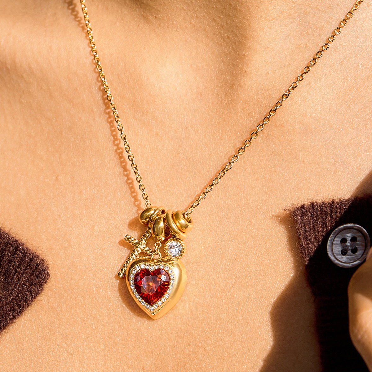 18K Gold Amour Red Heart Pendant Key Cross Charm Necklace