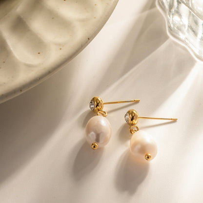 18K Gold Bling Pearl Stud Dangle Earrings