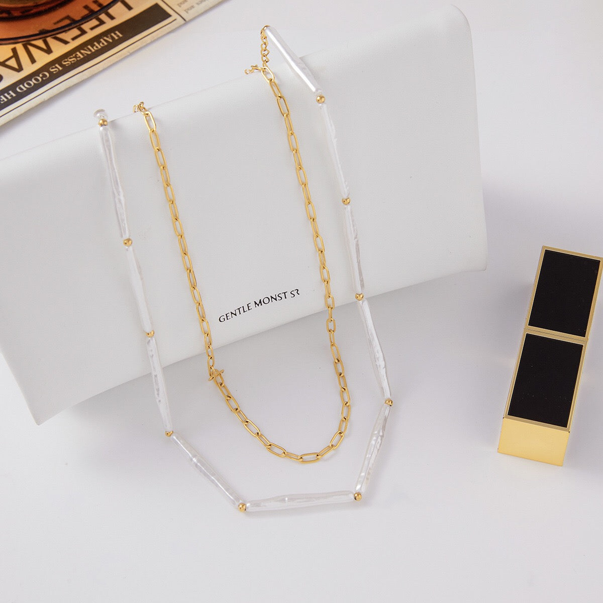 18K Gold Elegance Long Paper Clip Chain Layered Necklace Set