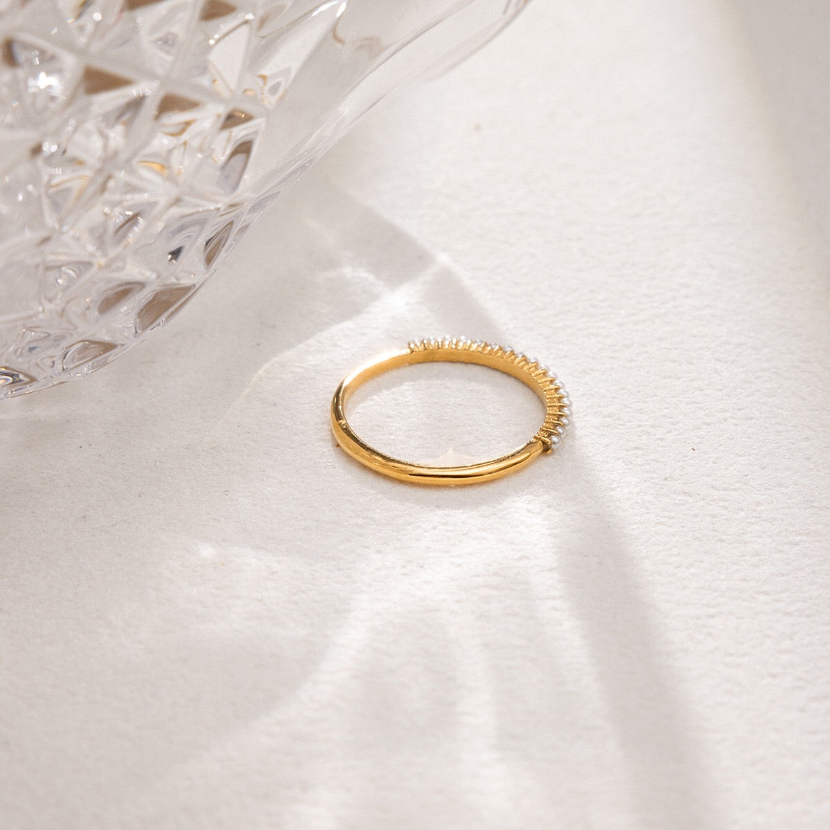 18K Gold Pearl Evermore Dainty Eternity Stacking Ring