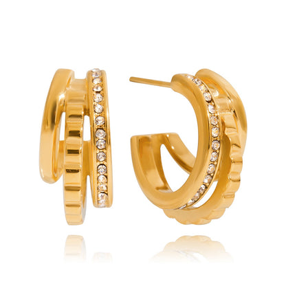 18K Gold Trio Orbit Pave Three Hoops Stud Huggie Earrings
