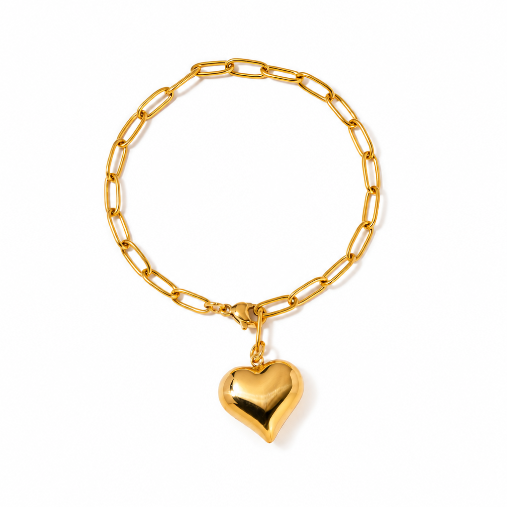 18K Gold Chunky Paperclip Chain Heart Necklace & Bracelet Set