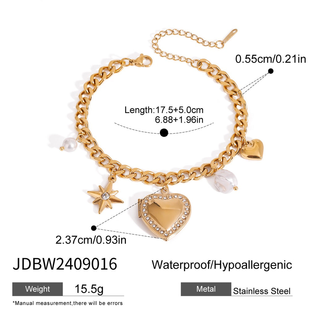 18K Gold Heart Locket Chunky Charm Bracelet