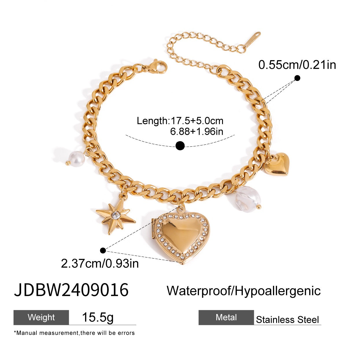 18K Gold Heart Locket Chunky Charm Bracelet