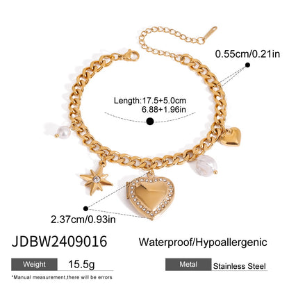 18K Gold Heart Locket Chunky Charm Bracelet