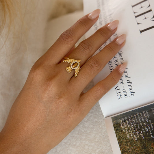 18K Gold Free Spirit Tiger Eye Bird Ring