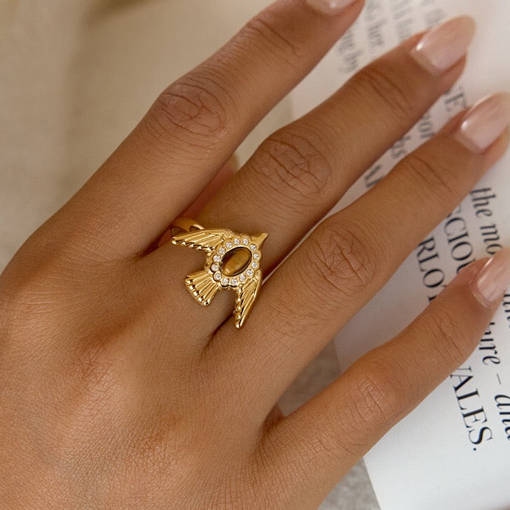 18K Gold Free Spirit Tiger Eye Bird Ring