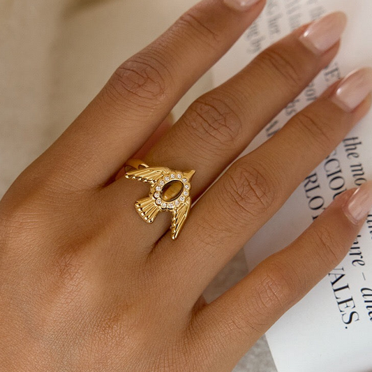 18K Gold Free Spirit Tiger Eye Bird Ring