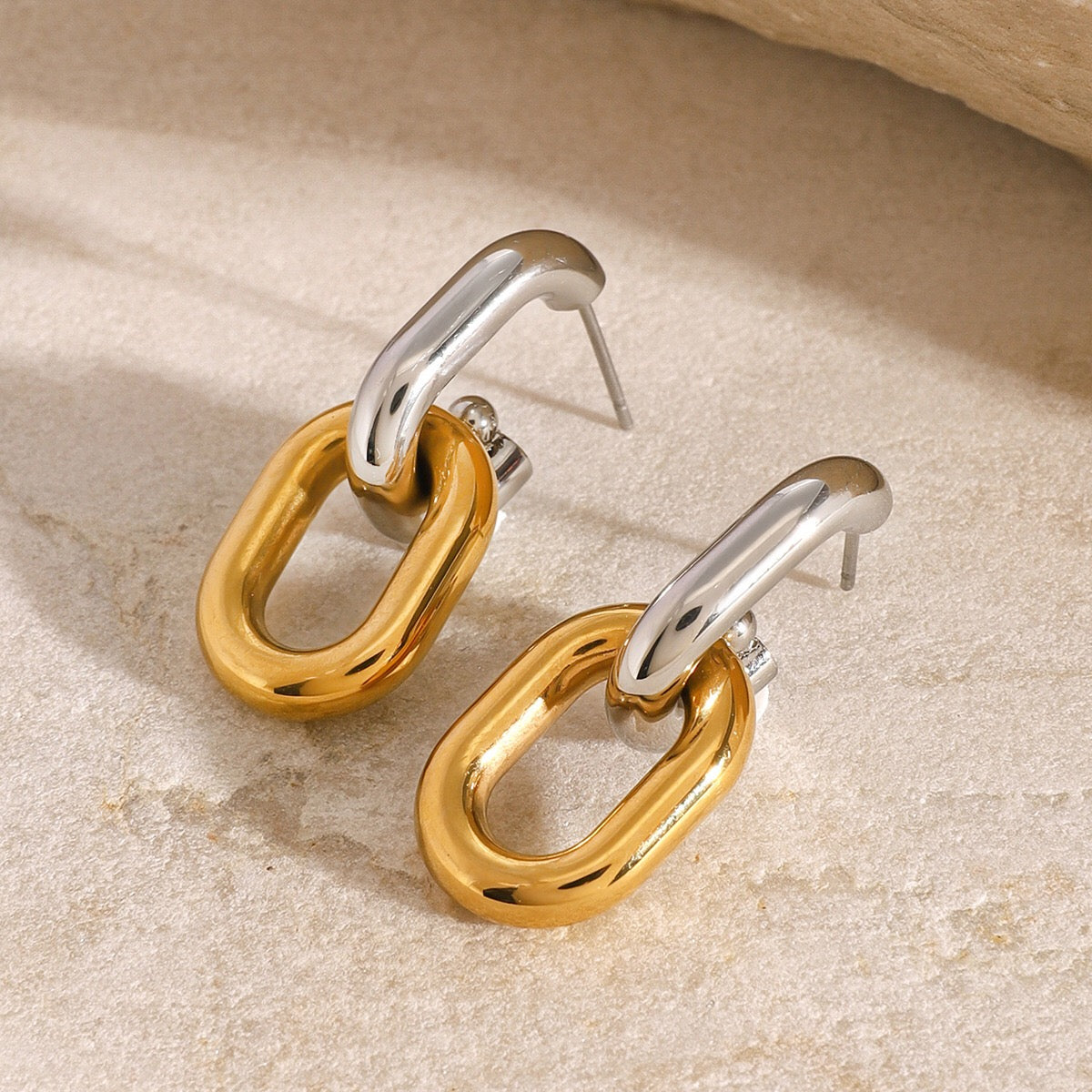 18K Gold and Silver Two Tone Knockout Hoop Dangle Earrings