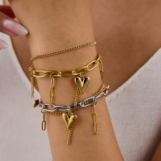 18K Gold Heart Charm Paperclip Chain Bracelet