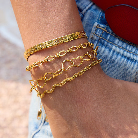 18K Gold Heart Chain Trendy Everyday Bracelet Stack