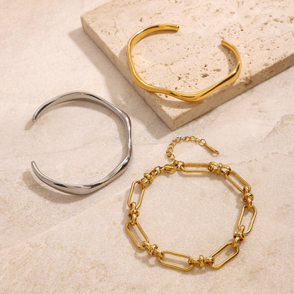 18K Gold Heatwave Paperclip Chain Bracelet Cuff Bangle Stack