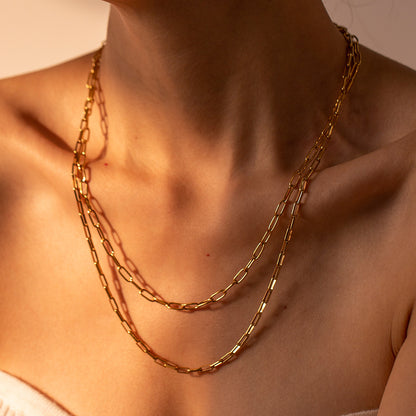 18K Gold Paperclip Double Chain Layered Necklace