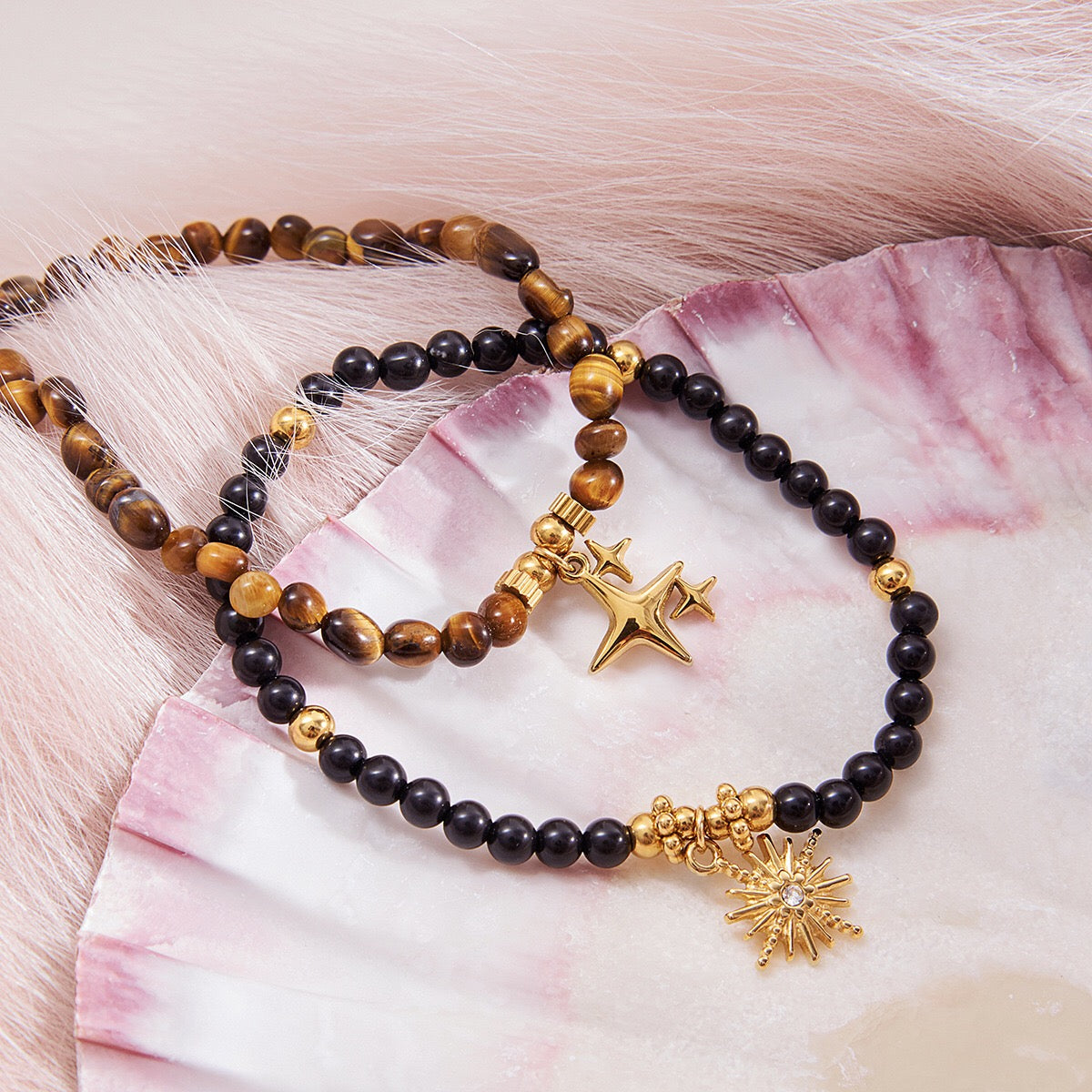 18K Gold Tiger Eye Starry Charm Beaded Bracelet Stack