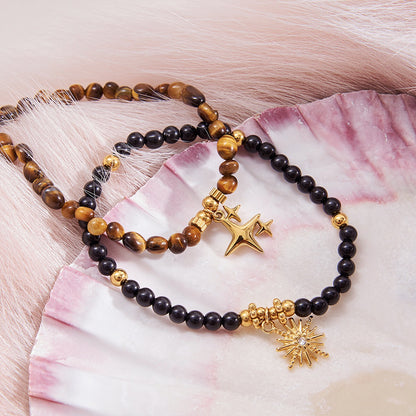 18K Gold Tiger Eye Starry Charm Beaded Bracelet Stack
