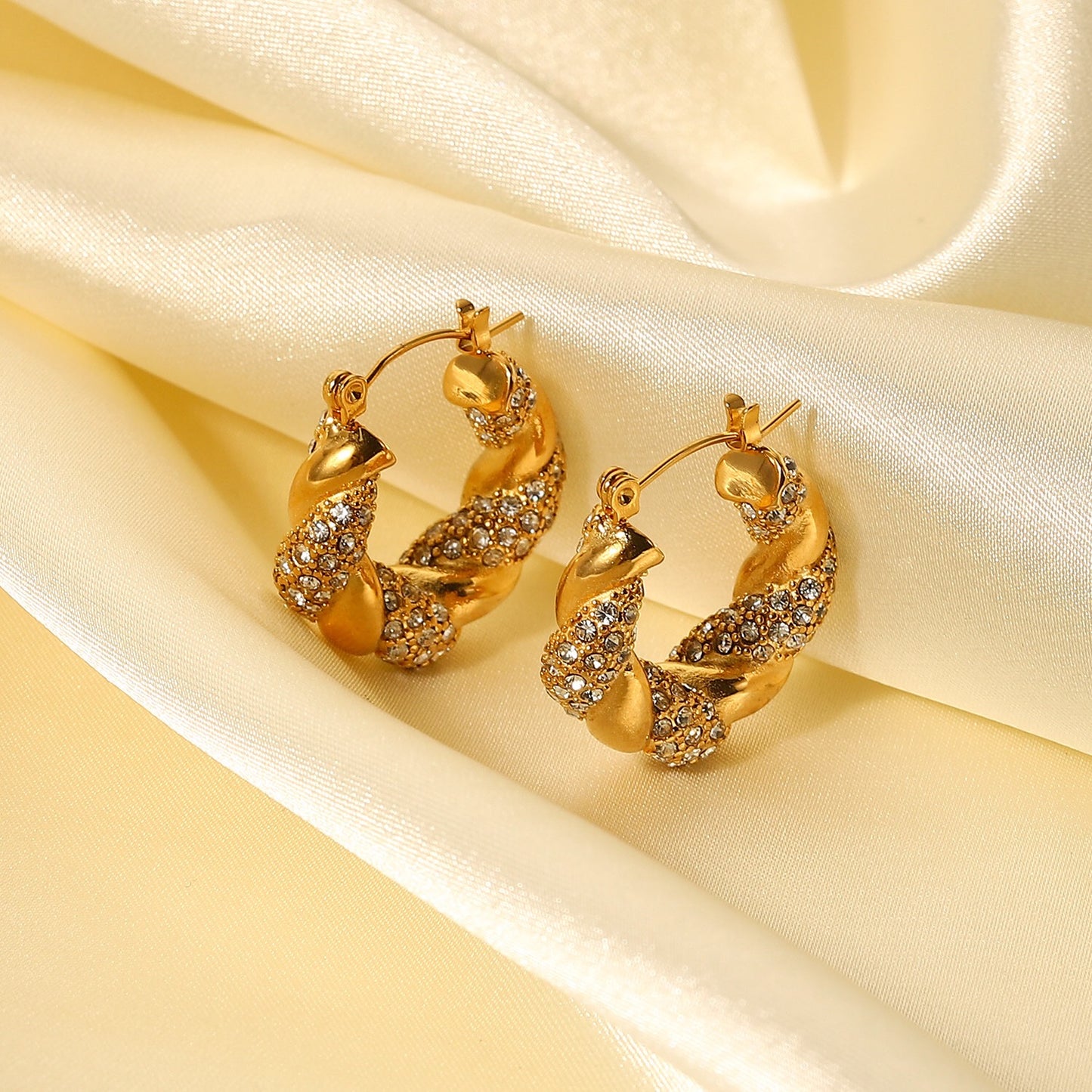 18K Gold Bling Twisted Small Hoop Huggie Earrings