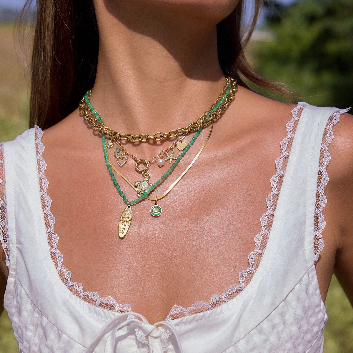 18K Gold Fresh Breeze Green Beaded Pendant Charm Layered Necklace Set