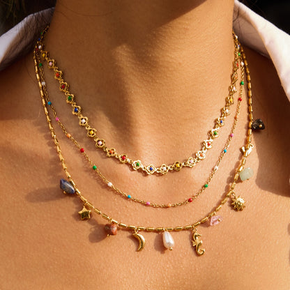 18K Gold Confetti Petal Link Flower Chain Necklace Jewelry Set