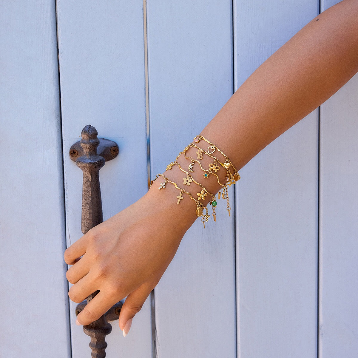 18K Gold Flirt Flower Bow Heart Charm Chain Bracelet Stack