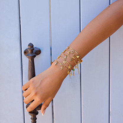 18K Gold Flirt Flower Bow Heart Charm Chain Bracelet Stack