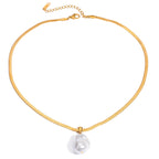 18K Gold Pearl Pendant Herringbone Chain Statement Necklace