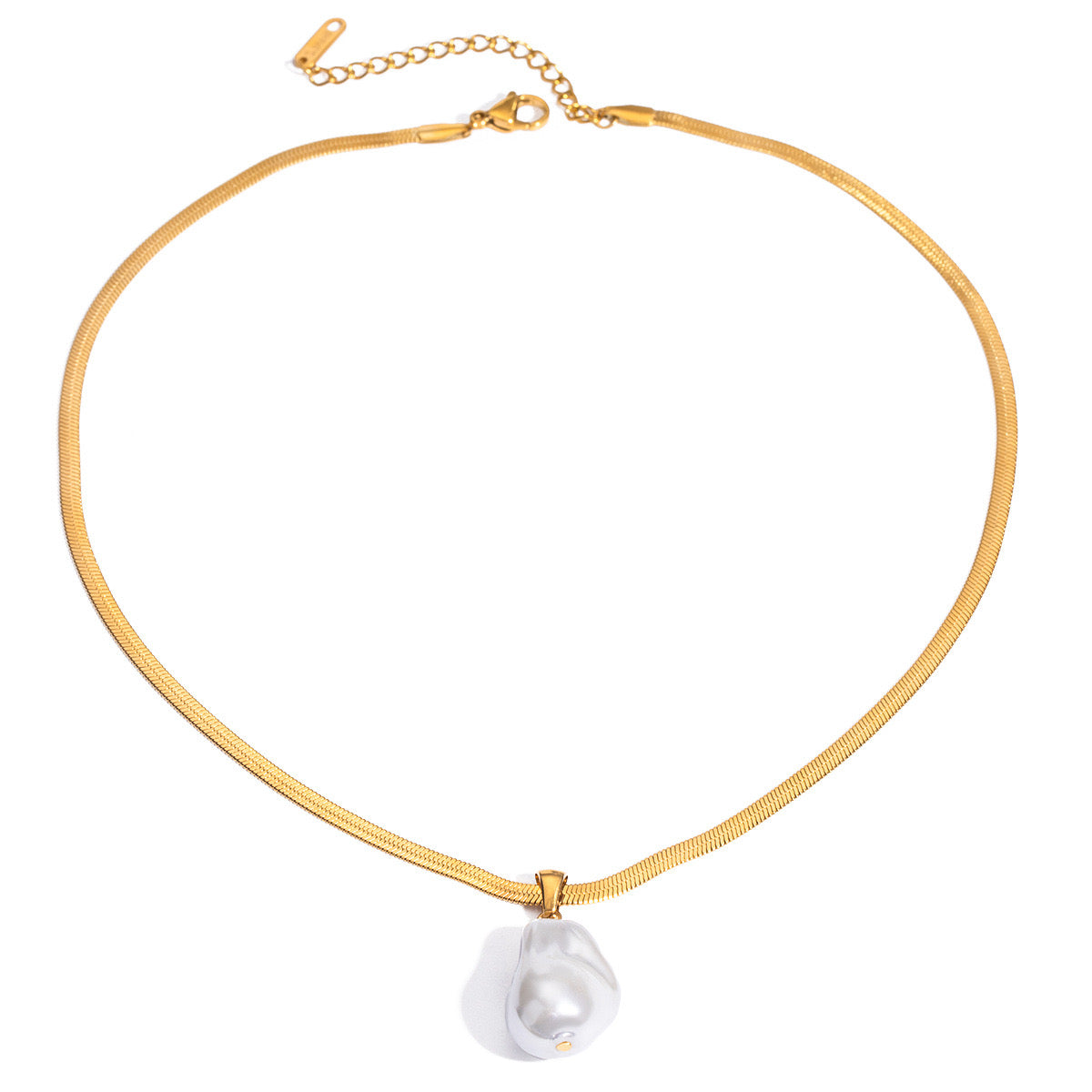 18K Gold Pearl Pendant Herringbone Chain Statement Necklace