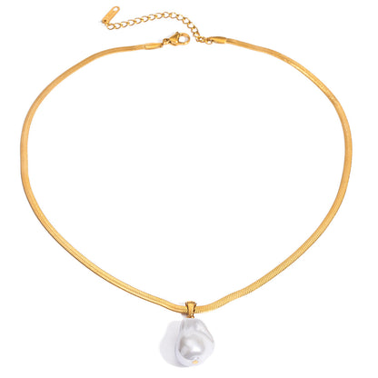 18K Gold Pearl Pendant Herringbone Chain Statement Necklace