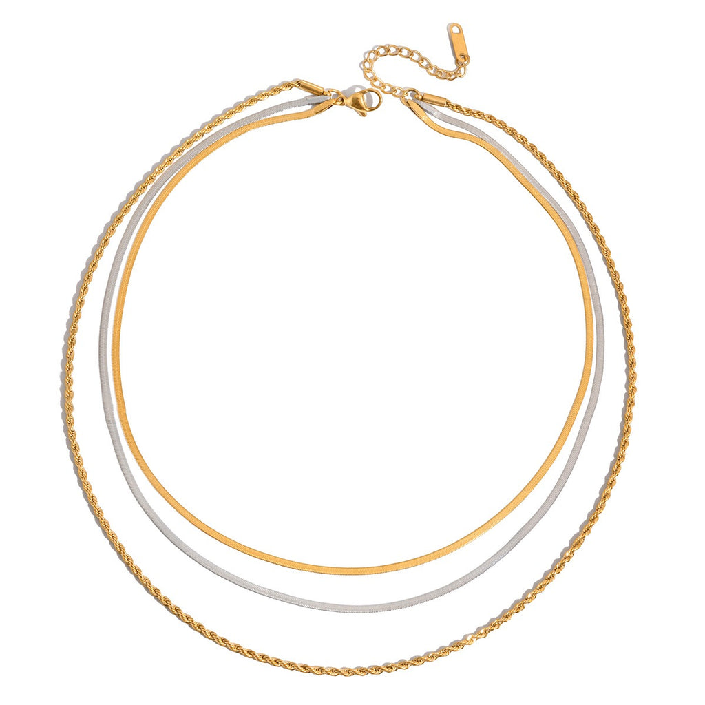 18K Gold and Silver Two Tone Herringbone Snake Rope Chain Layered Necklace Set