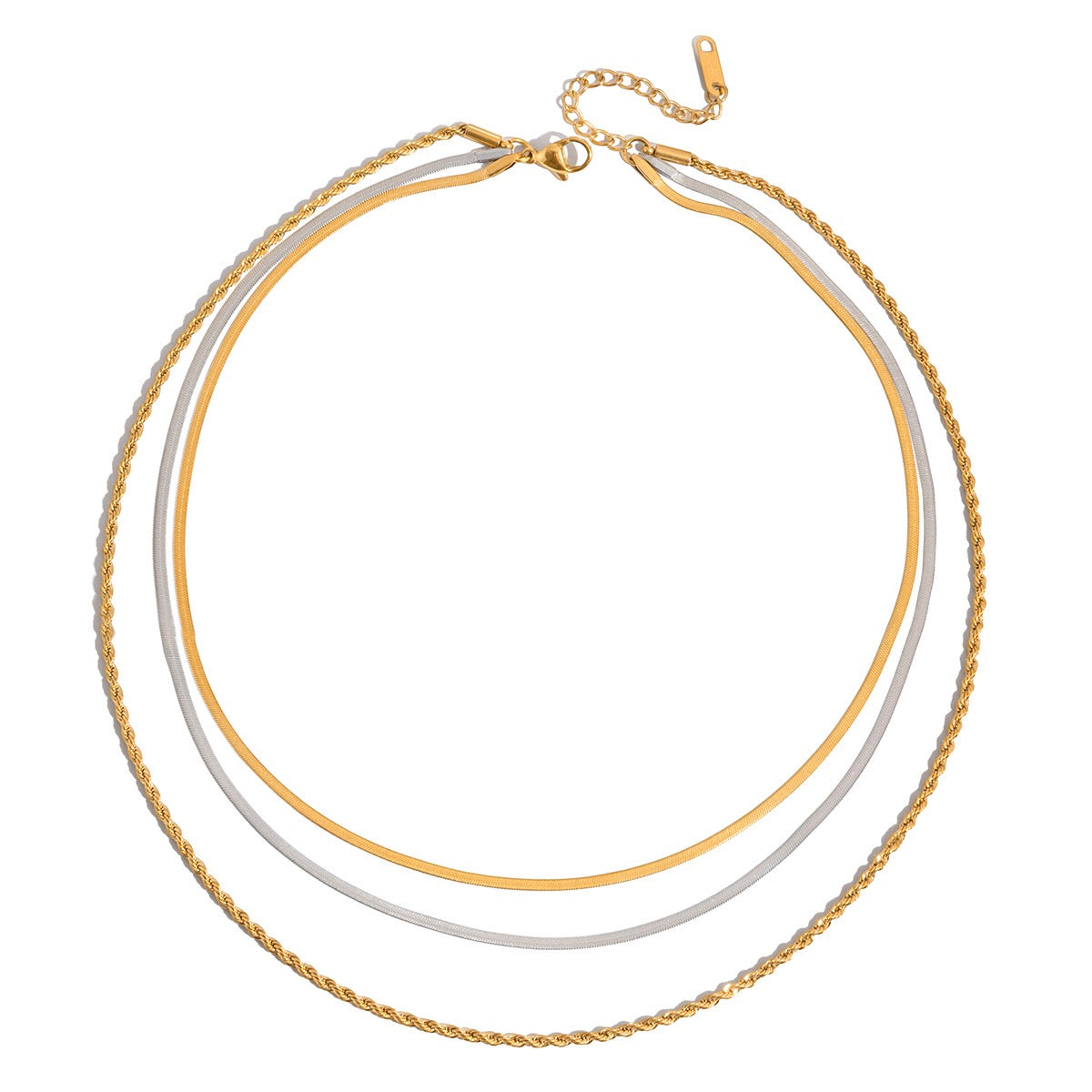 18K Gold and Silver Two Tone Herringbone Snake Rope Chain Layered Necklace Set